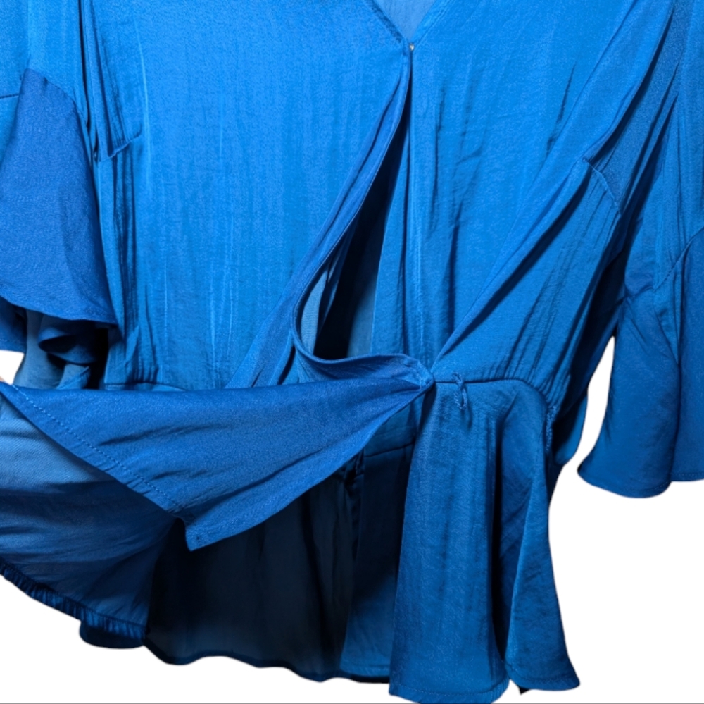 Vince Camuto Blue Ruffle Sleeve Wrap-Style Blouse - Picture 6 of 13